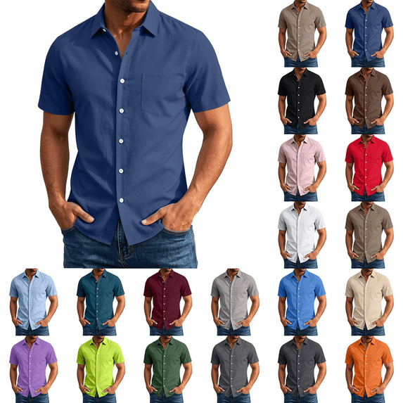 Jopfuhed Mens Short Sleeve Button Down Shirts Solid Color Lapel Collared Tops Big and Tall Summer Beach Office Vacation Shirts Sizes,S-5XL