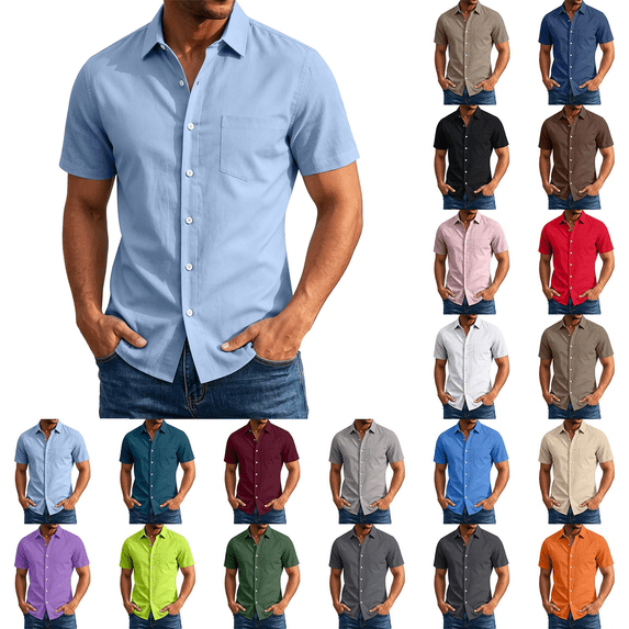 Jopfuhed Mens Short Sleeve Button Down Shirts Solid Color Lapel Collared Tops Big and Tall Summer Beach Office Vacation Shirts Sizes,S-5XL