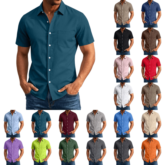Jopfuhed Mens Short Sleeve Button Down Shirts Solid Color Lapel Collared Tops Big and Tall Summer Beach Office Vacation Shirts Sizes,S-5XL