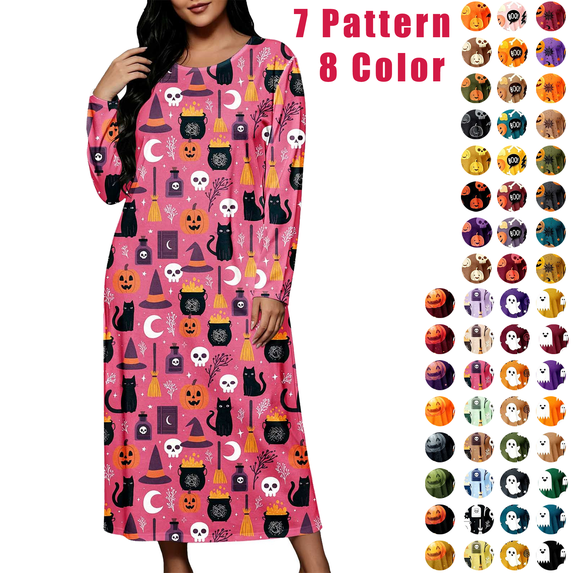 Jopfuhed Nightgowns for Women Plus Size Halloween Print Crewneck Long Sleeve Sleep House Dresses Pajamas Loose Comfy Lounge Sleepwear S-3XL