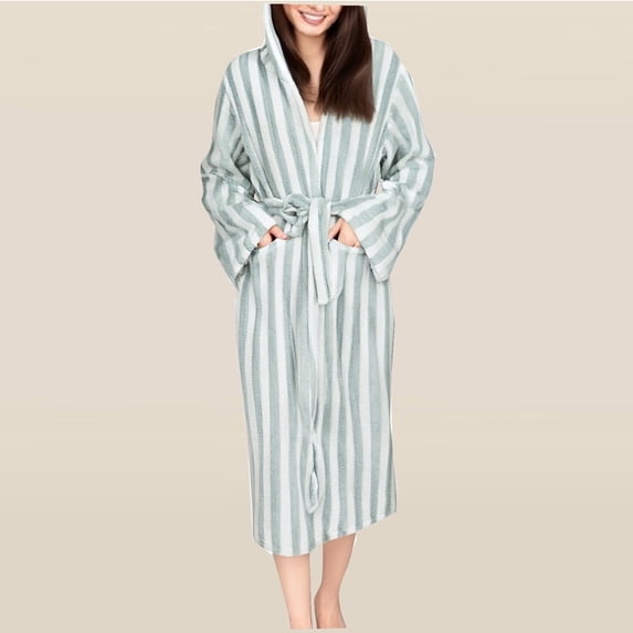 Jopfuhed Striped Fleece Robes for Women Plush Soft Warm Hooded Bathrobe Cozy Thick Winter Spa Shower Robe Housecoat with Pockets