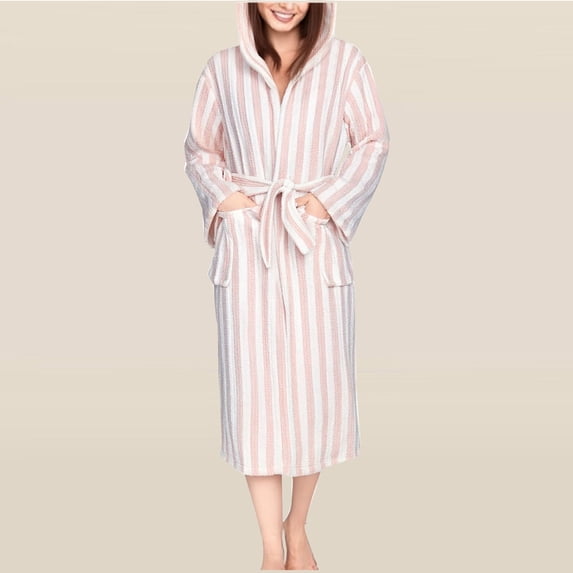 Jopfuhed Striped Fleece Robes for Women Plush Soft Warm Hooded Bathrobe Cozy Thick Winter Spa Shower Robe Housecoat with Pockets