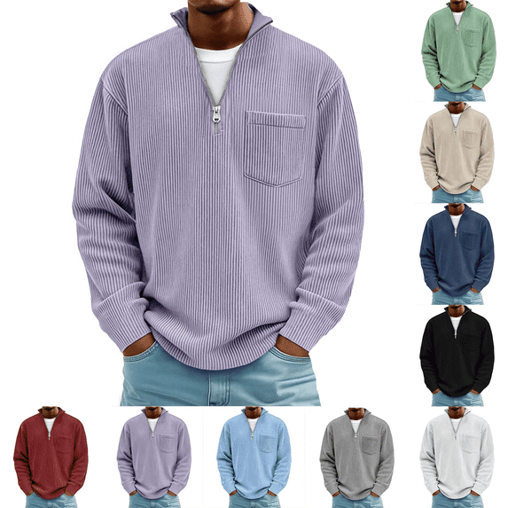 Jopfuhed Sweatshirt for Men Plus Size Solid Color Casual Stand Collar Quarter Zip Sweatshirt with Pocket Loose Long Sleeve Corduroy Pullover Tops,Sizes S-5XL