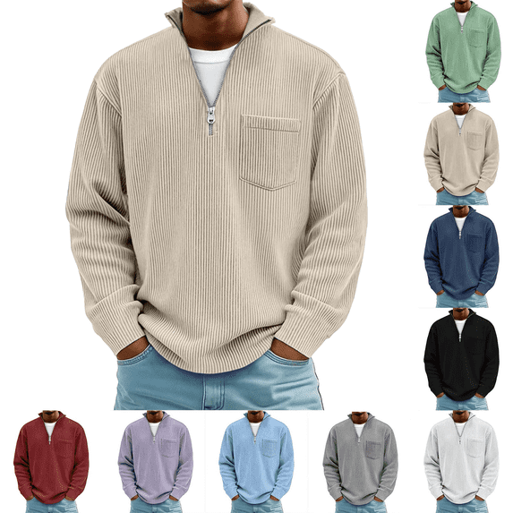 Jopfuhed Sweatshirt for Men Plus Size Solid Color Casual Stand Collar Quarter Zip Sweatshirt with Pocket Loose Long Sleeve Corduroy Pullover Tops,Sizes S-5XL