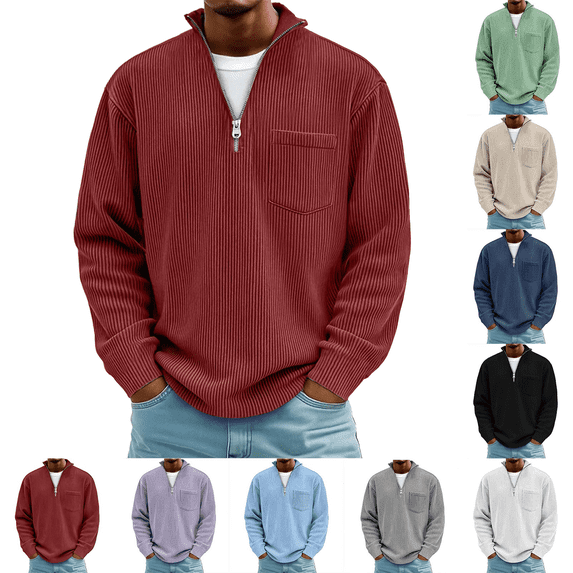 Jopfuhed Sweatshirt for Men Plus Size Solid Color Casual Stand Collar Quarter Zip Sweatshirt with Pocket Loose Long Sleeve Corduroy Pullover Tops,Sizes S-5XL