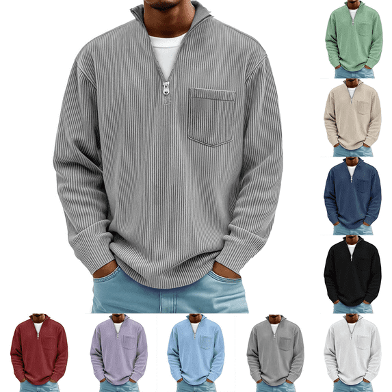 Jopfuhed Sweatshirt for Men Plus Size Solid Color Casual Stand Collar Quarter Zip Sweatshirt with Pocket Loose Long Sleeve Corduroy Pullover Tops,Sizes S-5XL