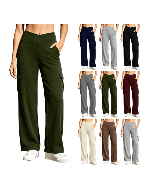 Wide Leg High Waist Cargo Stretch Pull On Work Yoga Pants with Pockets Casual Lounge Athletic Joggers for Women 1 Pack,Sizes S-3XL