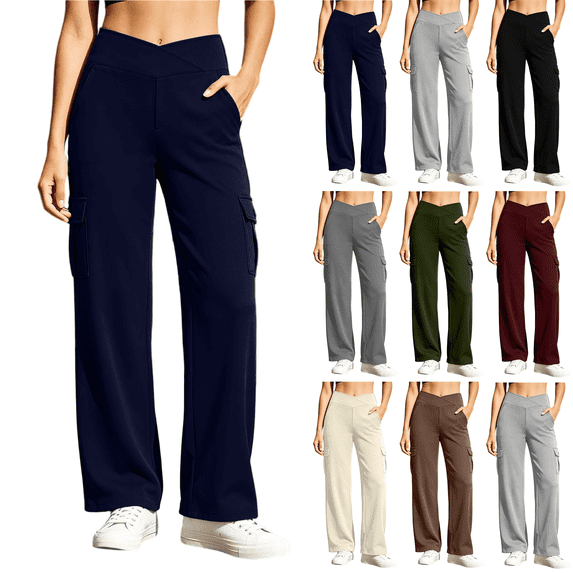 Jopfuhed Women's Wide Leg Yoga Pants High Waist Stretch Pull On Trousers with Pockets Loose Lounge Workout Joggers Cargo Pants,Sizes S-3XL