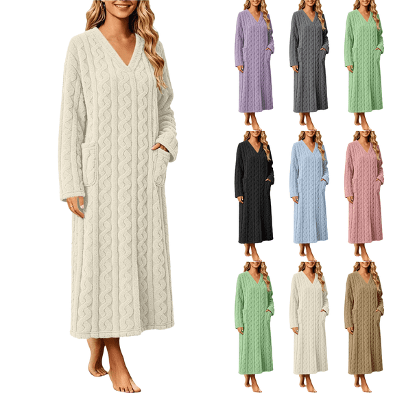 Jopfuhed Womens V-Neck Fleece Robes Fluffy Plush Bathrobe Long Housecoat with Pockets Winter Warm Cozy Loungewear Sleepwear