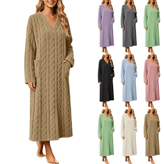 Jopfuhed Womens V-Neck Fleece Robes Fluffy Plush Bathrobe Long Housecoat with Pockets Winter Warm Cozy Loungewear Sleepwear