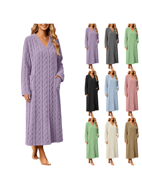 Womens V-Neck Fleece Robes Fluffy Plush Bathrobe Long Housecoat with Pockets Winter Warm Cozy Loungewear Sleepwear
