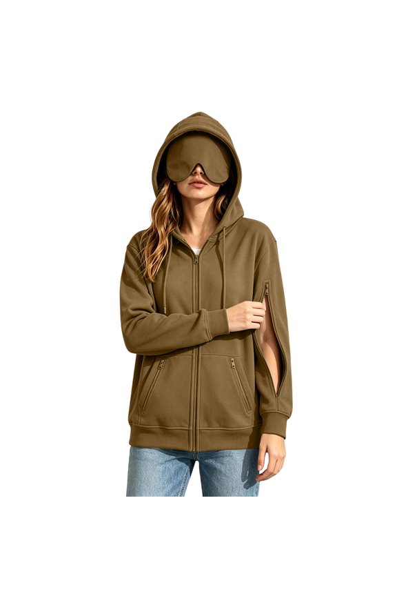 Womens Zip Up Hoodies Drawstring Long Sleeve Sweatshirt Jacket with Built in Eye Mask Soft Cozy Fall Travel Lounge Hooded Jackets,Sizes S-2XL