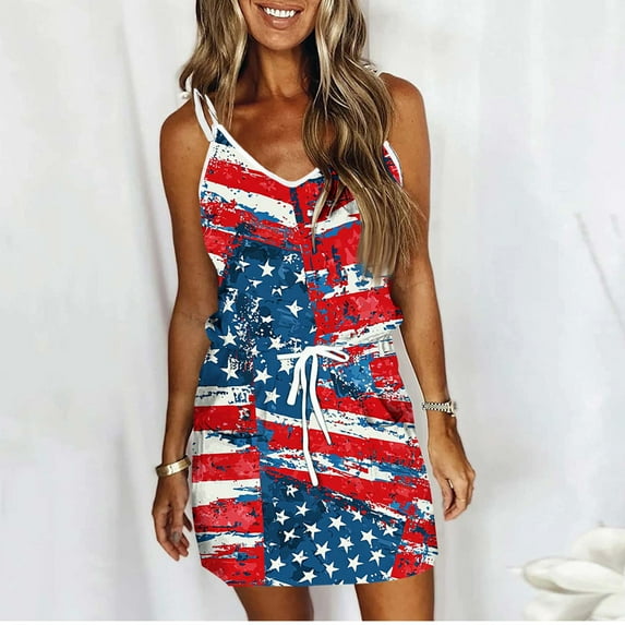 Jophufed 4Th of July Independence Day American Flag Beach Sun Dress,Fashion Sexy Women Casual Printed Sleevesless Camies V-Neck Mini Dress