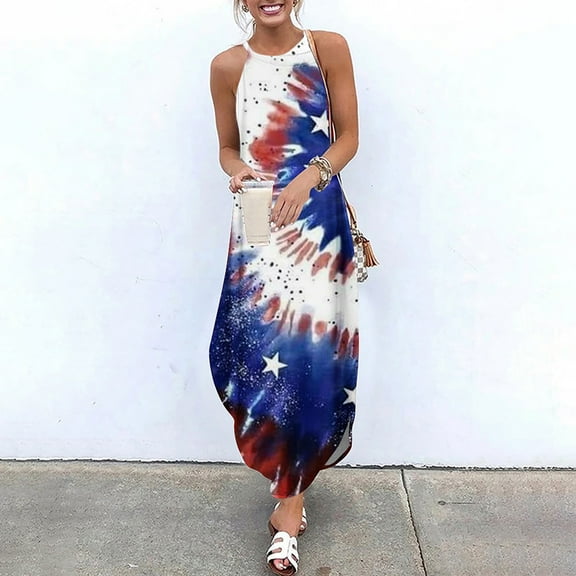 Jophufed 4Th of July Independence Day American Flag Sundress,Women's Summer Casual Sleeveless Halter Neck Suspender Skirt Slit Maxi Print Dress