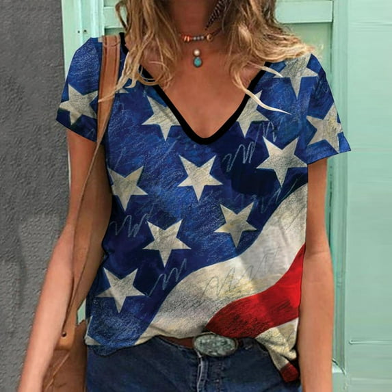 Jophufed Fashion Summer Tops for Women 2025 Casual T-shirt Star Printed V-Neck Short Sleeve Pullover Tops Blouse Labor Day Sale