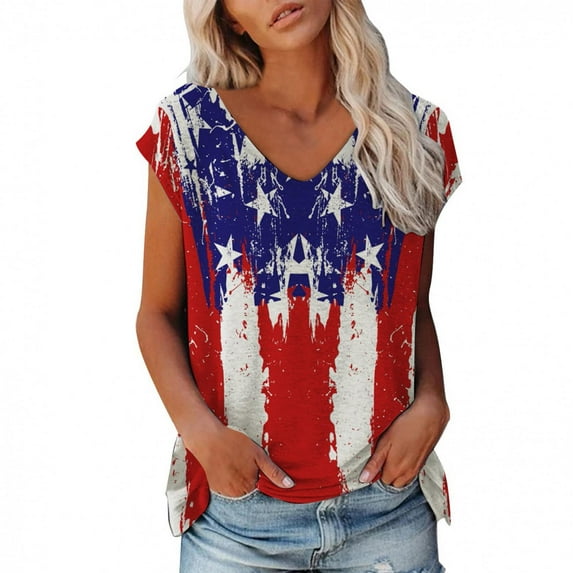 Jophufed Fashion Summer Tops for Women 2025 American Flag T Shirts Sleeveless V-Neck Flag Printed Casual Tops Blouse Labor Day Sale