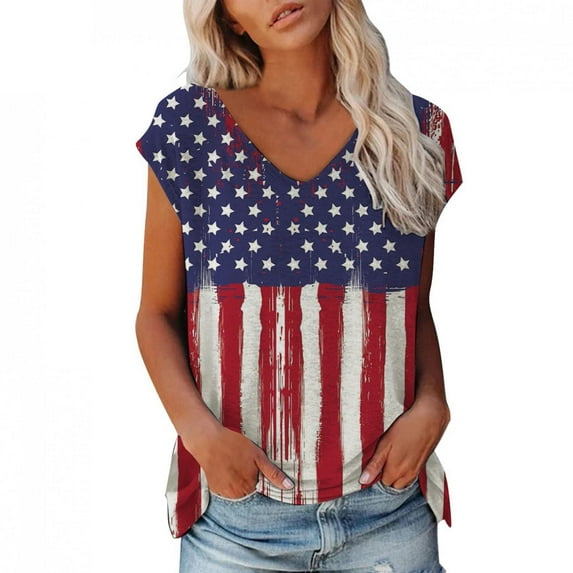 Jophufed Fashion Summer Tops for Women 2025 American Flag T Shirts Sleeveless V-Neck Flag Printed Casual Tops Blouse Labor Day Sale