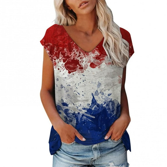 Jophufed Fashion Summer Tops for Women 2025 American Flag T Shirts Sleeveless V-Neck Flag Printed Casual Tops Blouse Labor Day Sale