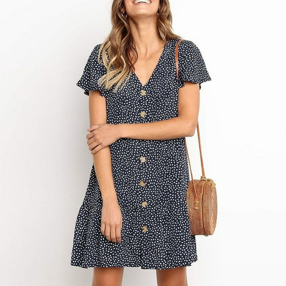 Jophufed Fashion Women Graduation Dress Sexy Short Sleeve Skirt V-neck Ruffle Printing Button Mini Summer Dresses for Women 2025