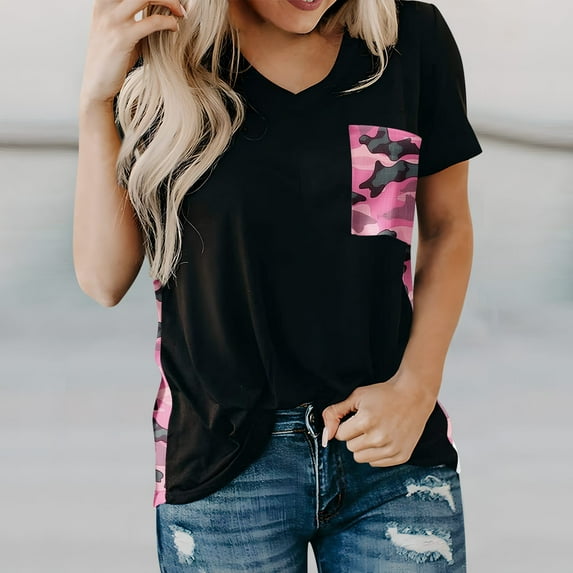 Jophufed Fashion Women Short Sleeve O-Neck Printed Pachwork Pockets Tops Blouse Gifts