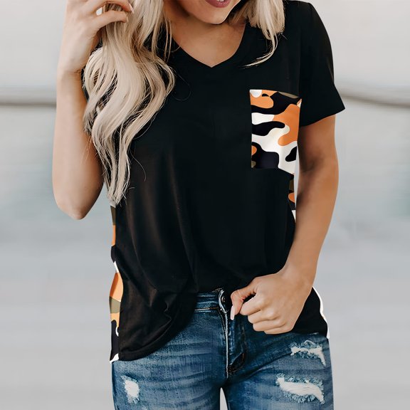 Jophufed Fashion Women Short Sleeve O-Neck Printed Pachwork Pockets Tops Blouse Gifts