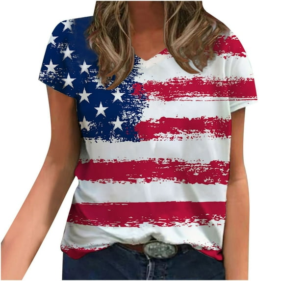 Jophufed Independence Day USA Flag American Shirt Women,Fashion Summer Tops V-Neck Short Sleeve Print Casual T-shirt Blouse Flash picks