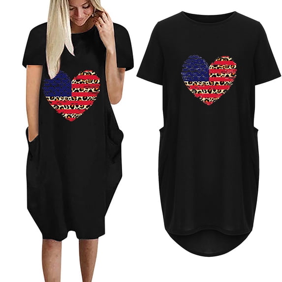 Jophufed Independence Day Women's Summer Fashion Flag Print Glory Mini Dress Casual Short Sleeve With Pocket Round Neck Loose Dress