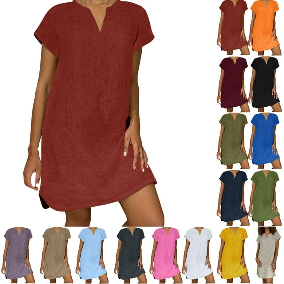 haozzaw Women's Summer Plus Size V-Neck Short Sleeve Mini Dress Casual Loose Pleated Short Dress Women's Trendy Beach Dress Sundress Red M