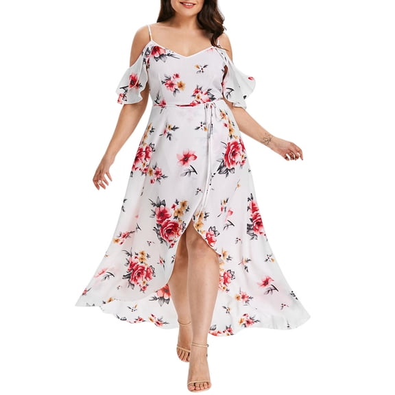 Jophufed Plus Size Summer Dresses Women Casual Short Sleeve Cold Shoulder Boho Maxi Dress Flower Print Long Dress