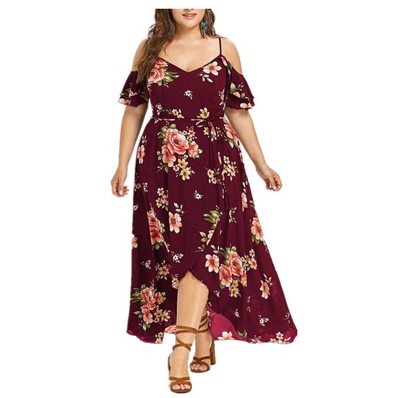 Jophufed Plus Size Summer Dresses Women Casual Short Sleeve Cold Shoulder Boho Maxi Dress Flower Print Long Dress