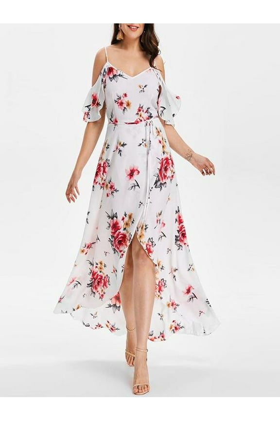 Jophufed Plus Size Summer Dresses Women Casual Short Sleeve Cold Shoulder Boho Maxi Dress Flower Print Long Dress