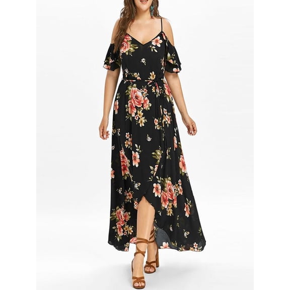 Jophufed Plus Size Summer Dresses Women Casual Short Sleeve Cold Shoulder Boho Maxi Dress Flower Print Long Dress