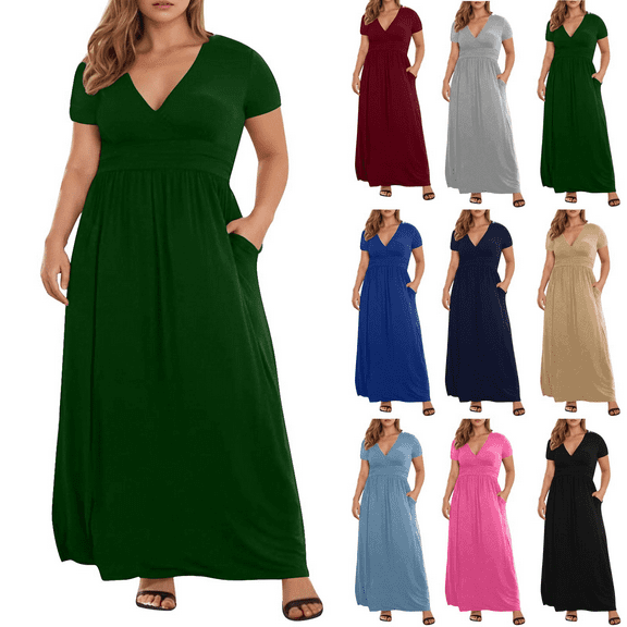 Lenago Plus Size Summer Dresses for Women 2025 Maxi Dress V-Neck Short Sleeve Dresses for Party Casual Summer Maxi Dresses for Women with Pockets