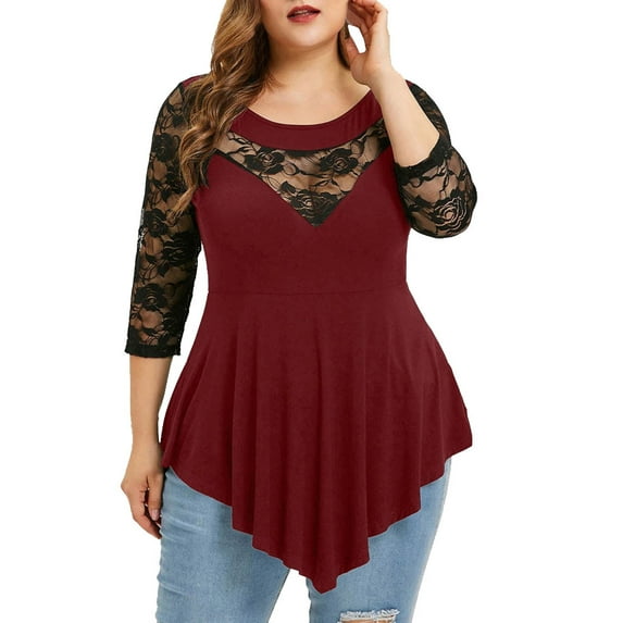 Jophufed Plus Size Women Summer Tops Solid Floral Lace O-Neck Asymmetric Three Quarter Tops Blouse Flash picks