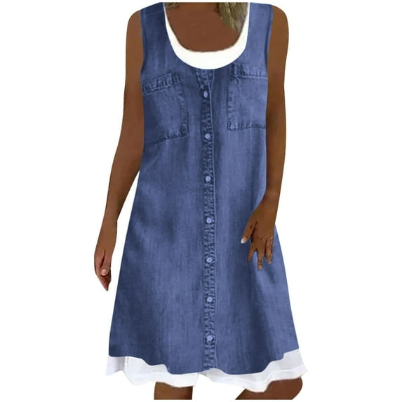 Lenago Summer Denim Shirt Dresses for Womens Sleeveless Floral Printing Loose Fake Two-Piece Jean Midi Dress Button Down Casual Shift Dress Tunic Top