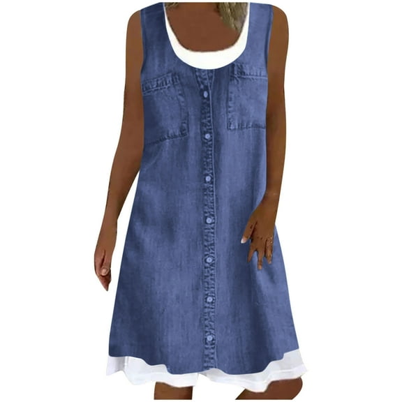 Lenago Summer Denim Shirt Dresses for Womens Sleeveless Floral Printing Loose Fake Two-Piece Jean Midi Dress Button Down Casual Shift Dress Tunic Top