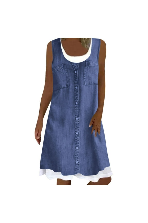 Summer Denim Shirt Dresses for Womens Sleeveless Floral Printing Loose Fake Two-Piece Jean Midi Dress Button Down Casual Shift Dress Tunic Top