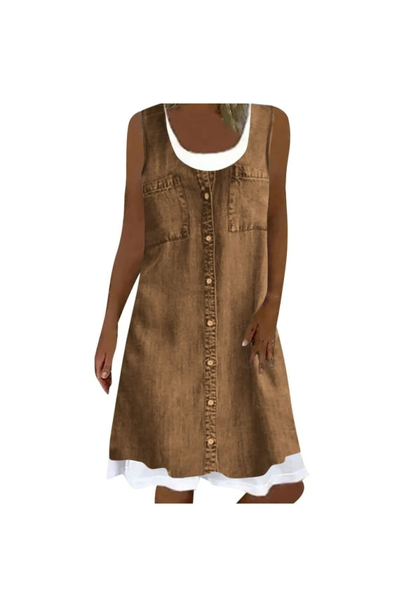 Summer Denim Shirt Dresses for Womens Sleeveless Floral Printing Loose Fake Two-Piece Jean Midi Dress Button Down Casual Shift Dress Tunic Top