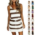 thumbnail image 1 of Jophufed Women Casual V-Neck Short Sleeve Bandage Pocket Stripe Printing Loose Tank Petite Sundresses Cute Dress, 1 of 9