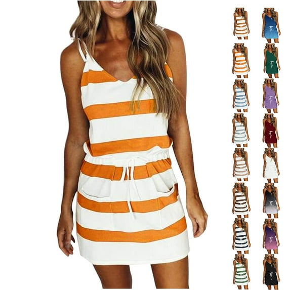 Jophufed Summer Dress for Women 2025 Plus Size Casual V-Neck Short Sleeve Bandage Pocket Stripe Printing Loose Tank Petite Sundresses Cute Dress