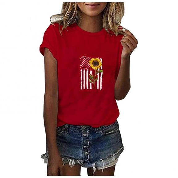 Jophufed Summer Tops for Women 2025 Casual Summer Printing Short Sleeves O-Neck Loose T-Shirt Blouse Tops Labor Day Sale