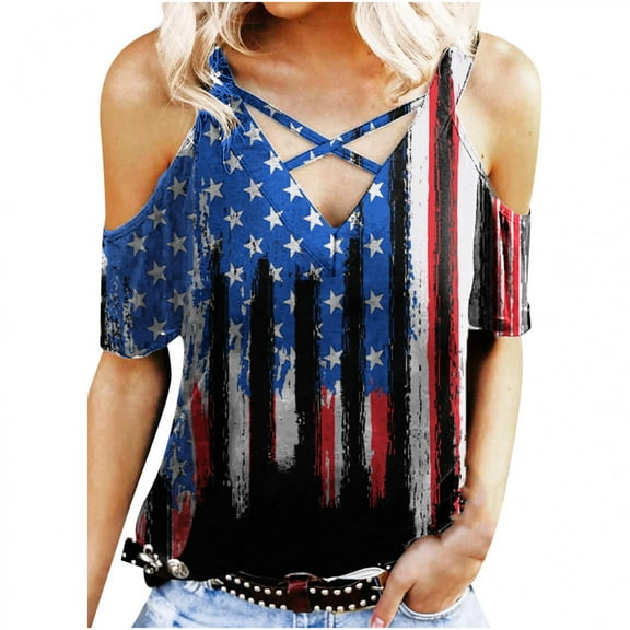 Jophufed Summer Tops for Women 2025 O-Neck Short Sleeve 4th of July Tops Strap Cold Shoulder T-Shirt Tops Labor Day Sale