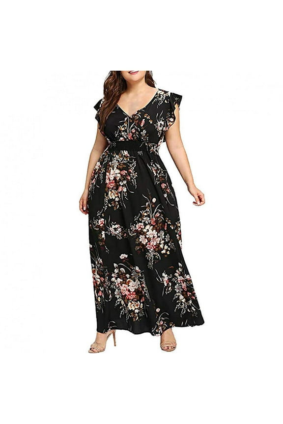 Jophufed Summer Womens Plus Size Dresses 2025 Boho Flower Print Maxi Long Dress Deep V-Neck Sleeveless Dresses for Women Party Elegant