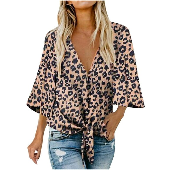 Jophufed Women Casual Blouse Half Sleeve V-Neck Printed And Solid Short Sleeve T-Shirt Loose Buttons Cardigan Tops Gifts
