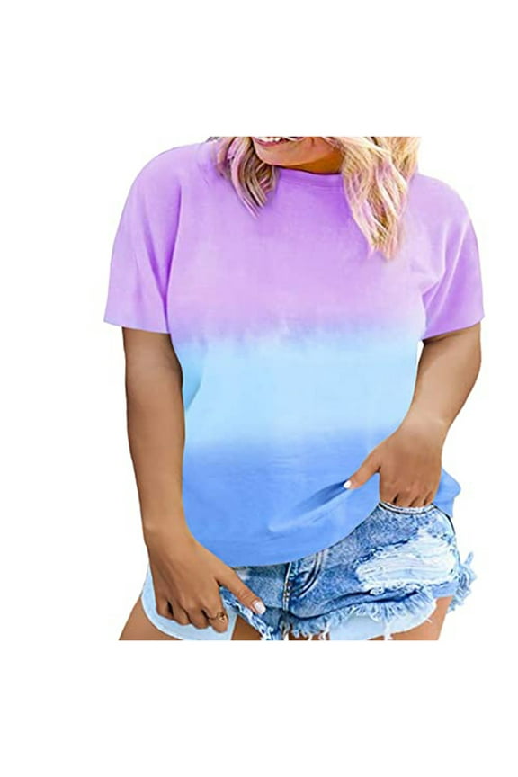 Jophufed Women Shirts Large Size Tie-Dye Printing Short Sleeve O-Neck Top Tee T-Shirt Blouse Gifts
