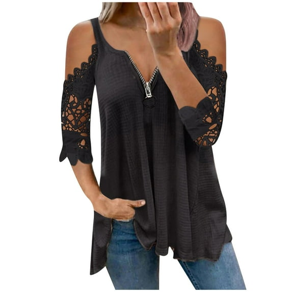Jophufed Women Summer Tops Casual Lace Half Sleeve V-Neck Zipper Hollow Out T-Shirt Blouse Tops Flash picks