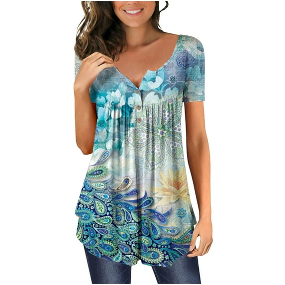 Jophufed Women Tunic Tops Fashion V-Neck Floral Printed Buttons Short Sleeve T-shirt Casual Dressy Blouses Gifts