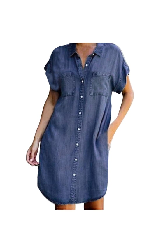Jophufed Women's Dress Casual Short Sleeve Jeans Button Down Dresses Slim Solid Color Imitation Denim Short Dress