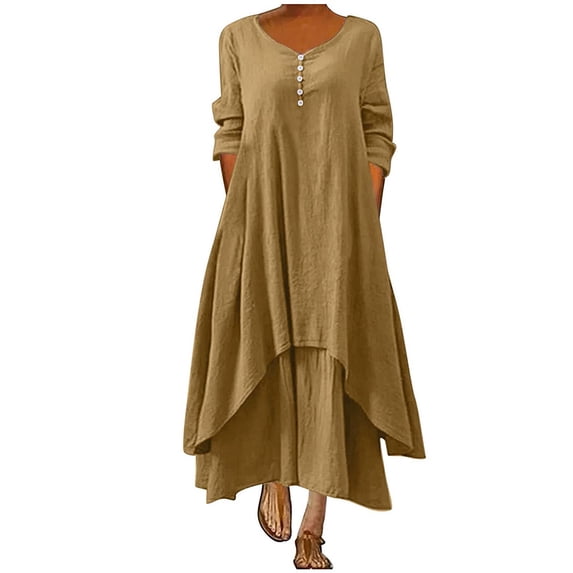 Jophufed Women's Fashion Plus Size Summer Dresses Round-Neck Solid Maxi Long Dress Helf Sleeve Buttons Dress