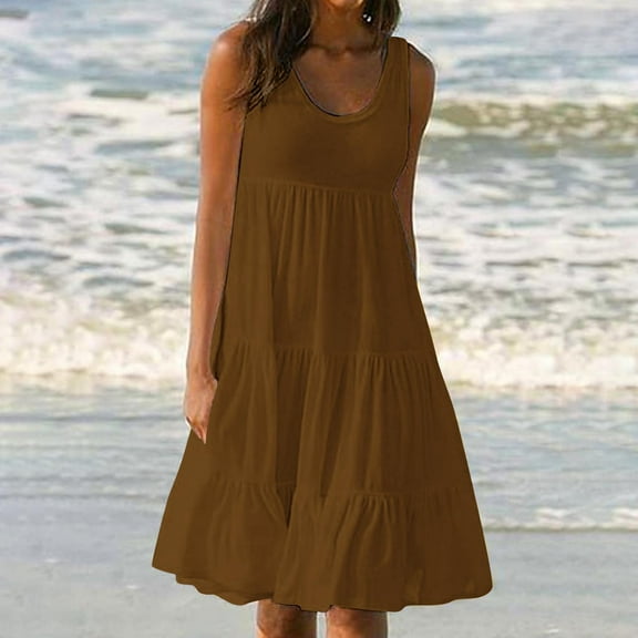 Jophufed Women's Plus Size Summer Dresses Fashion Holiday Summer Solid Color Sleeveless Party Beach Dress